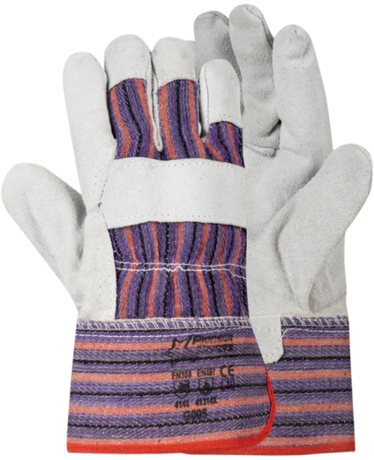 Pair of gloves with striped purple and orange bac
