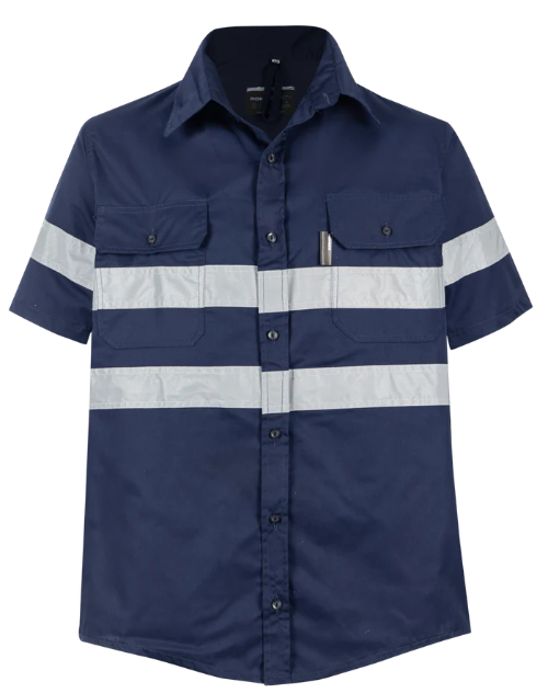 Navy work shirt with reflective white stripes 