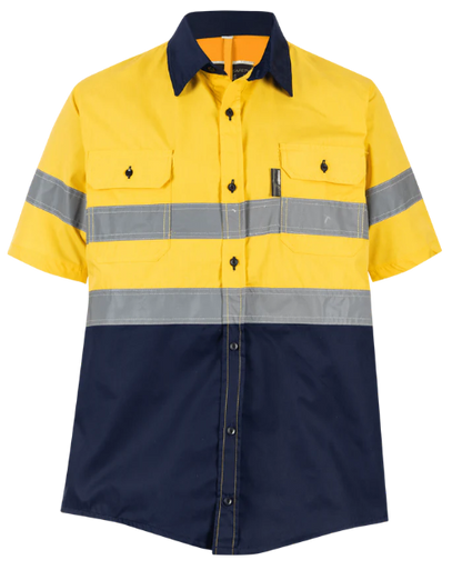 Yellow and navy work shirt with reflective stripes